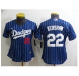 Women's Los Angeles Dodgers #22 Clayton Kershaw Navy Blue Pinstripe Stitched MLB Cool Base Nike Jersey