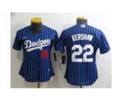 Women's Los Angeles Dodgers #22 Clayton Kershaw Navy Blue Pinstripe Stitched MLB Cool Base Nike Jersey