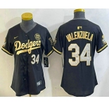 Women's Los Angeles Dodgers #34 Fernando Valenzuela Black Gold 2024 World Series 34 Patch Stitched Cool Base Jersey