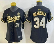 Women's Los Angeles Dodgers #34 Fernando Valenzuela Black Gold 2024 World Series 34 Patch Stitched Cool Base Jersey