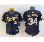 Women's Los Angeles Dodgers #34 Fernando Valenzuela Black Gold 2024 World Series With Fernando Patch Vapor Limited Stitched Baseball Jersey
