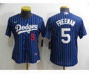 Women's Los Angeles Dodgers #5 Freddie Freeman Navy Blue Pinstripe Stitched MLB Cool Base Nike Jersey