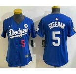 Women's Los Angeles Dodgers #5 Freddie Freeman Number Blue 2024 World Series With Fernando 34 Patch Limited Stitched Jersey