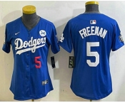 Women's Los Angeles Dodgers #5 Freddie Freeman Number Blue 2024 World Series With Fernando 34 Patch Limited Stitched Jersey