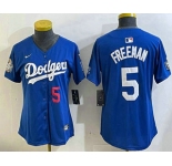 Women's Los Angeles Dodgers #5 Freddie Freeman Number Blue 2024 World Series With Fernando 34 Patch Limited Stitched Jerseys