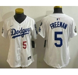 Women's Los Angeles Dodgers #5 Freddie Freeman Number White 2024 World Series With Fernando 34 Patch Limited Stitched Jersey