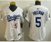 Women's Los Angeles Dodgers #5 Freddie Freeman Number White 2024 World Series With Fernando 34 Patch Limited Stitched Jersey