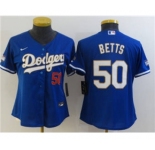 Women's Los Angeles Dodgers #50 Mookie Betts Blue Gold Championship Cool Base Stitched Baseball Jersey
