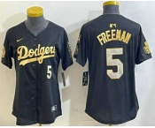 Women's Los Men's Los Angeles Dodgers #5 Freddie Freeman Black Gold 2024 World Series 34 Patch Stitched Cool Base Jersey