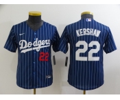 Youth Los Angeles Dodgers #22 Clayton Kershaw Navy Blue Pinstripe Stitched MLB Cool Base Nike Jersey