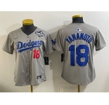 Youth Los Angeles Dodgers #18 Yoshinobu Yamamoto Grey 2025 World Series Patch Limited Stitched Baseball Jersey