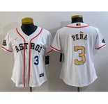 Women's Houston Astros #3 Jeremy Pena Number 2023 White Gold World Serise Champions Patch Cool Base Stitched Jersey1