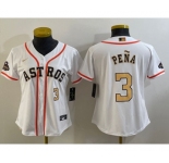 Women's Houston Astros #3 Jeremy Pena Number 2023 White Gold World Serise Champions Patch Cool Base Stitched Jersey