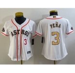 Women's Houston Astros #3 Jeremy Pena Number 2023 White Gold World Serise Champions Patch Cool Base Stitched Jerseys