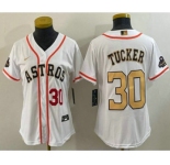Women's Houston Astros #30 Kyle Tucker Number 2023 White Gold World Serise Champions Patch Cool Base Stitched Jersey1