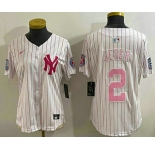 Women's New York Yankees #2 Derek Jeter White Pink Pinstripe Fashion Cool Base Jersey