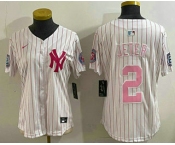 Women's New York Yankees #2 Derek Jeter White Pink Pinstripe Fashion Cool Base Jersey