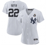 Women's New York Yankees #22 Juan Soto White 2024 World Series With Name Cool Base Stitched Baseball Jersey