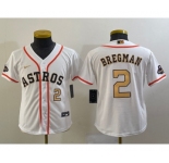 Youth Houston Astros #2 Alex Bregman Number 2023 White Gold World Serise Champions Patch Cool Base Stitched Jerseys