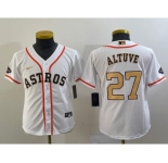 Youth Houston Astros #27 Jose Altuve 2023 White Gold World Serise Champions Patch Cool Base Stitched Jersey