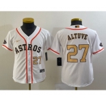 Youth Houston Astros #27 Jose Altuve Number 2023 White Gold World Serise Champions Patch Cool Base Stitched Jerseys
