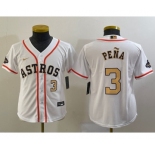 Youth Houston Astros #3 Jeremy Pena Number 2023 White Gold World Serise Champions Patch Cool Base Stitched Jersey