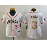 Youth Houston Astros #3 Jeremy Pena Number 2023 White Gold World Serise Champions Patch Cool Base Stitched Jerseys