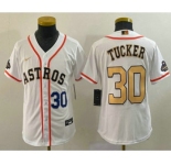 Youth Houston Astros #30 Kyle Tucker Number 2023 White Gold World Serise Champions Patch Cool Base Stitched Jersey1