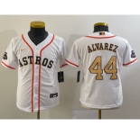 Youth Houston Astros #44 Yordan Alvarez 2023 White Gold World Serise Champions Patch Cool Base Stitched Jersey