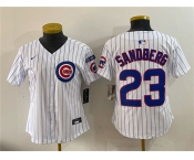 Women's Chicago Cubs #23 Ryne Sandberg White Pinstripe 'Ryne Sandberg Tribute' Vapor Limited V3 Stitched Baseball Jersey