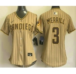 Women's San Diego Padres #3 Jackson Merrill Khaki Pinstripe Limited Stitched Jersey