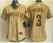Women's San Diego Padres #3 Jackson Merrill Khaki Pinstripe Limited Stitched Jersey