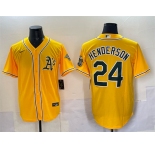 Men's Oakland Athletics #24 Rickey Henderson Yellow With Patch Stitched Baseball Jersey