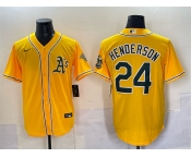 Men's Oakland Athletics #24 Rickey Henderson Yellow With Patch Stitched Baseball Jersey