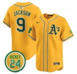 Men's Oakland Athletics #9 Reggie Jackson Yellow 2024 Limited With Rickey Henderson Patch Stitched Jersey