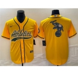 Men's Oakland Athletics Yellow Team Big Logo Cool Base Stitched Baseball Jersey 003