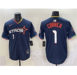 Men's Houston Astros #1 Carlos Correa Navy 2025 City Connect With Texas Patch Limited Stitched Baseball Jersey
