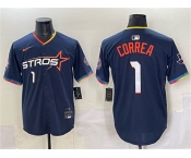 Men's Houston Astros #1 Carlos Correa Navy 2025 City Connect With Texas Patch Limited Stitched Baseball Jersey