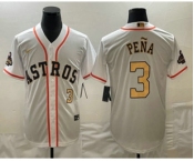 Men's Houston Astros #3 Jeremy Pena 2023 White Gold World Serise Champions Patch Cool Base Stitched Jersey1