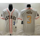 Men's Houston Astros #3 Jeremy Pena 2023 White Gold World Serise Champions Patch Cool Base Stitched Jersey