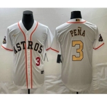 Men's Houston Astros #3 Jeremy Pena 2023 White Gold World Serise Champions Patch Cool Base Stitched Jerseys