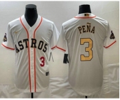 Men's Houston Astros #3 Jeremy Pena 2023 White Gold World Serise Champions Patch Cool Base Stitched Jerseys