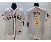 Men's Houston Astros #3 Jeremy Pena 2023 White Gold World Serise Champions Patch Flex Base Stitched Jersey