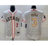 Men's Houston Astros #3 Jeremy Pena Number 2023 White Gold World Serise Champions Patch Flex Base Stitched Jersey2
