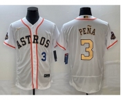Men's Houston Astros #3 Jeremy Pena Number 2023 White Gold World Serise Champions Patch Flex Base Stitched Jersey