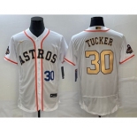 Men's Houston Astros #30 Kyle Tucker Number 2023 White Gold World Serise Champions Patch Flex Base Stitched Jersey