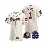 Men's Atlanta Braves #1 Ozzie Albies 2021 Cream World Series Flex Base With 150th Anniversary Patch Baseball Jersey