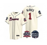 Men's Atlanta Braves #1 Ozzie Albies 2021 Cream World Series With 150th Anniversary Patch Cool Base Baseball Jersey