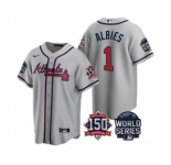 Men's Atlanta Braves #1 Ozzie Albies 2021 Gray World Series With 150th Anniversary Patch Cool Base Baseball Jersey