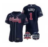 Men's Atlanta Braves #1 Ozzie Albies 2021 Navy World Series Flex Base With 150th Anniversary Patch Baseball Jersey